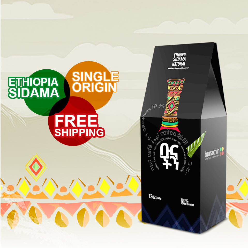 Bunachin Sidama Single Origin Ethiopian Coffee bag, naturally processed light roast

